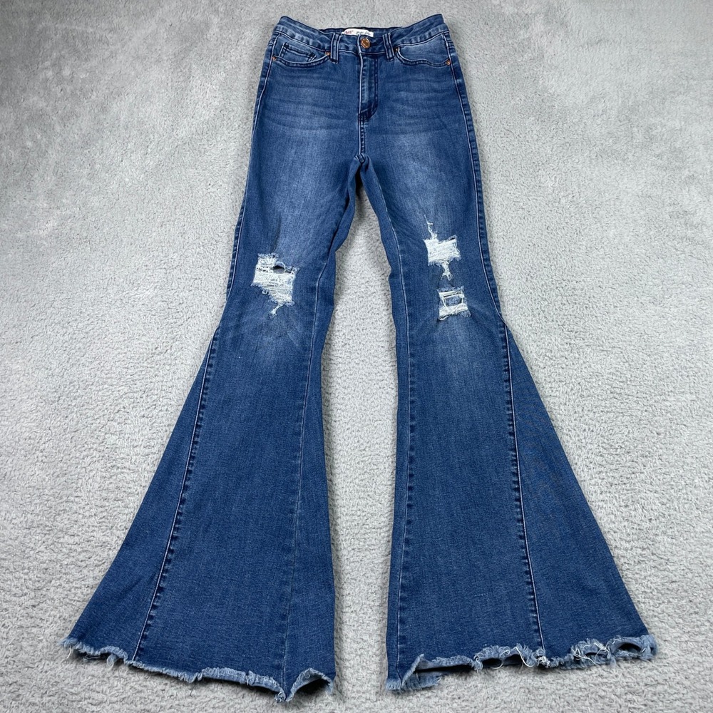 YMI Gigi Fit Flare‎ Jeans Womens 7/28 (Fits 24x31) Blue Distressed Bell Bottom
